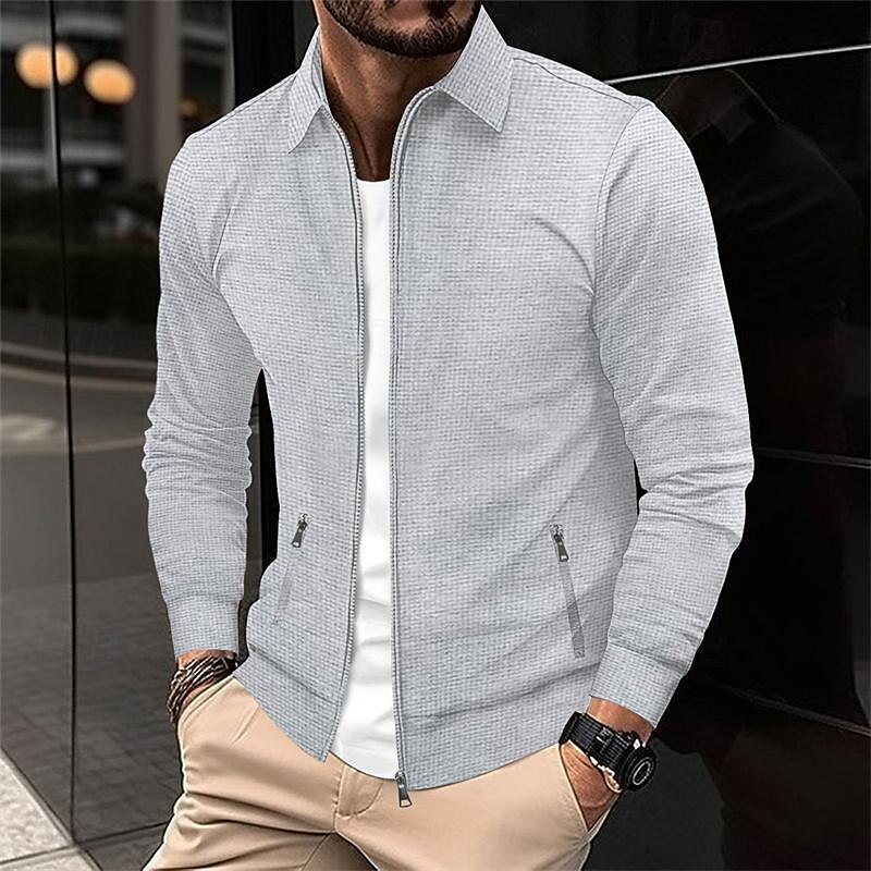Men's Lightweight Jacket Waffle Jacket Summer Jacket Shirt Jacket Vacation Daily Soft Pocket Spring &  Fall Plain Fashion Classic Lapel Regular Waffle Fabric Black White Blue Khaki Gray Jacket2