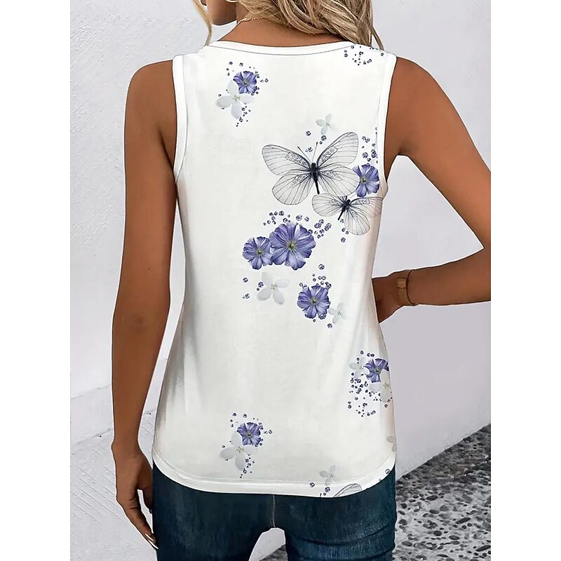 Women's Camisole Tank Top Casual Floral Butterfly Print Sleeveless Sleeveless Regular Tops Notched Neck Daily White Summer2