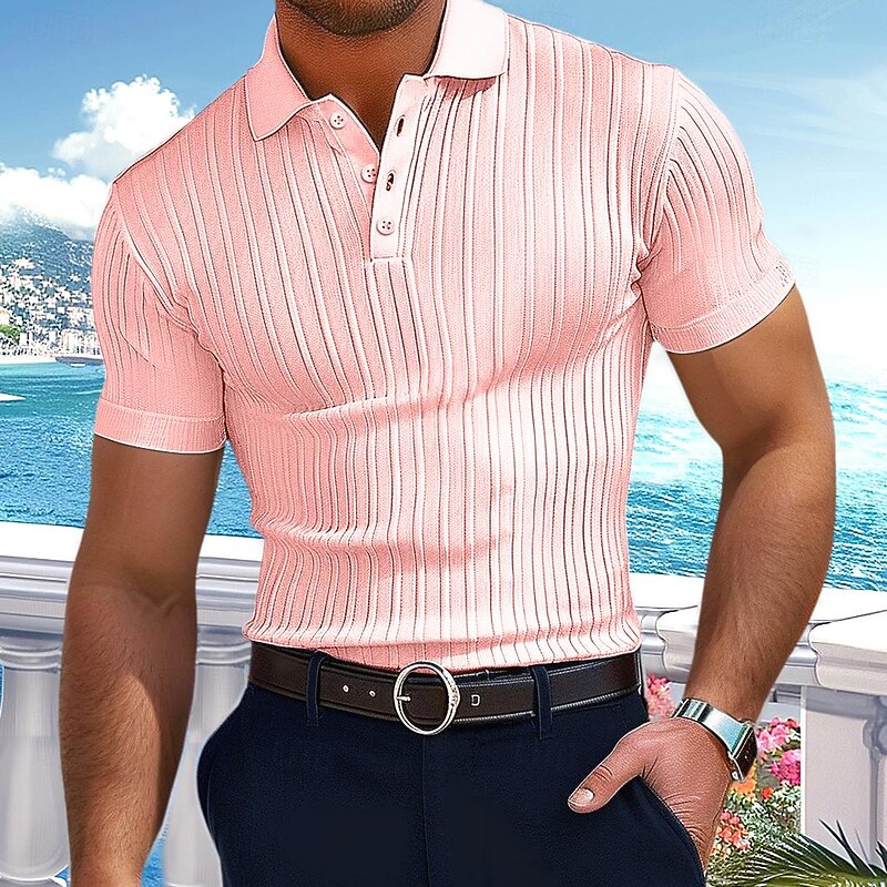 Men's Polo Golf Shirt Business Casual Ribbed Polo Collar Classic Short Sleeve Basic Modern Solid Color Knitted Ribbed Spring & Summer Regular Fit Light Blue Pink Green Polo