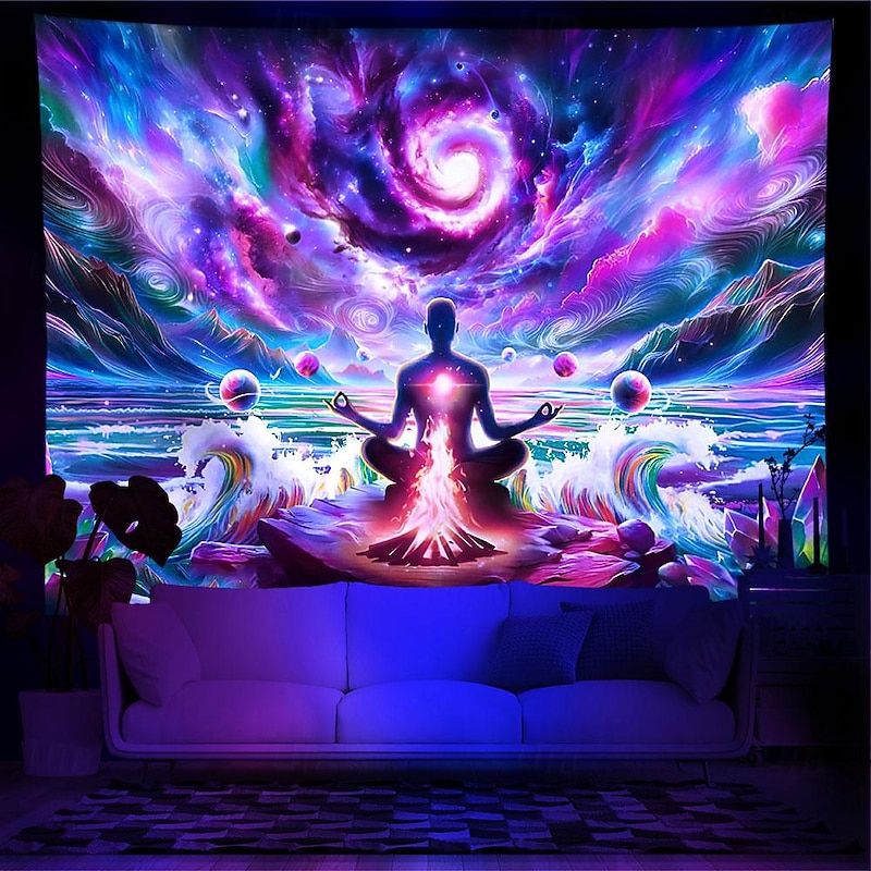 Blacklight Tapestry UV Reactive Glow in the Dark Glow Party Neon Chakra Bohemian Boho Psychedelic Trippy Misty Hanging Tapestry Wall Art Mural for Living
