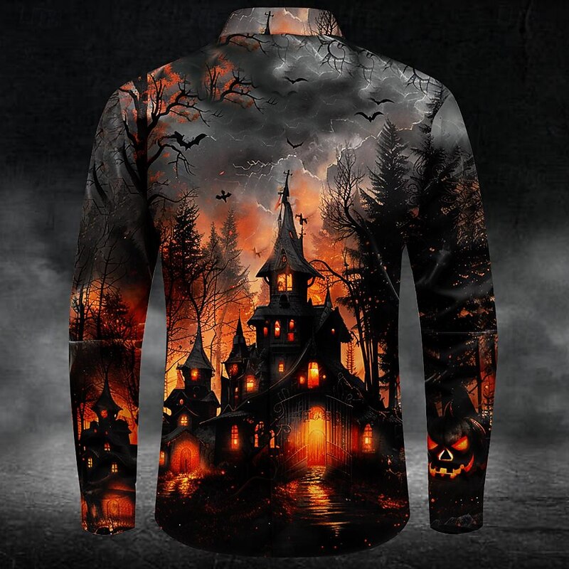 Halloween Men's Gothic Horror Castle Halloween Costumes Shirt Button Up Shirt Long Sleeve Casual Dark Party Evening Wear Fall Winter Spring & Summer Turndown Shirt Collar Button Up 3D Print Orange2