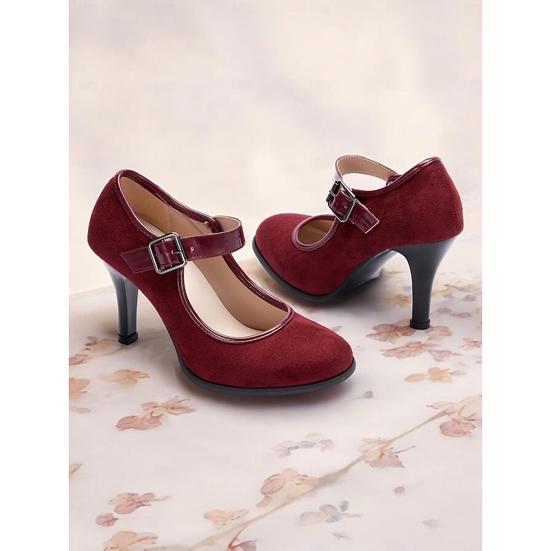 Women's Red Mary Jane Heels - Classic Suede High Heel Shoes for Parties and Formal Events