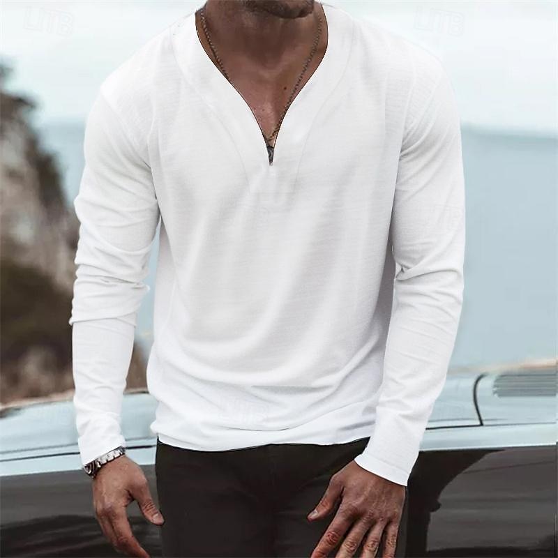 Men's T Shirt Long Sleeve Shirt Long Sleeve V Neck Spring &  Fall Plain Fashion Designer Casual Street Sports Holiday White Blue Khaki Top Tee for Men