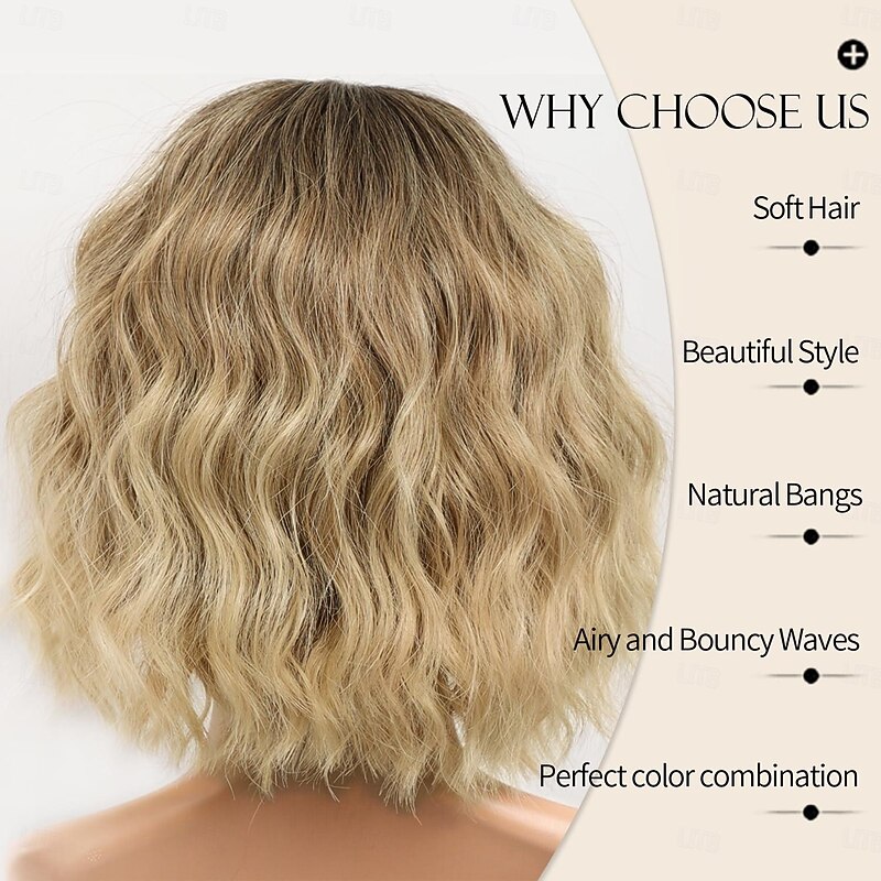 Ombre Blonde Wigs With Bangs Short Wavy Bob Wig for Women Synthetic Ombre Blonde Short Curly Wave Wigs Heat Resistant Fiber Hair Wigs for Daily Halloween Wigs3