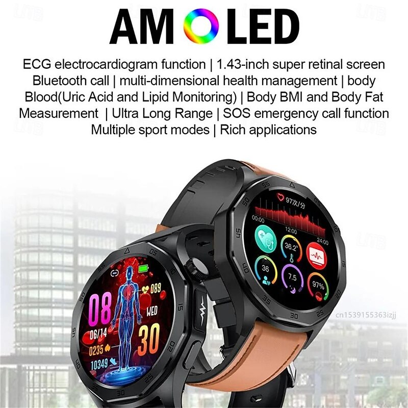 E480 Smart Watch 1.43 inch Smartwatch Fitness Running Watch Bluetooth ECG+PPG Temperature Monitoring Pedometer Compatible with Android iOS Women Men Long Standby Hands-Free Calls Waterproof IP 672