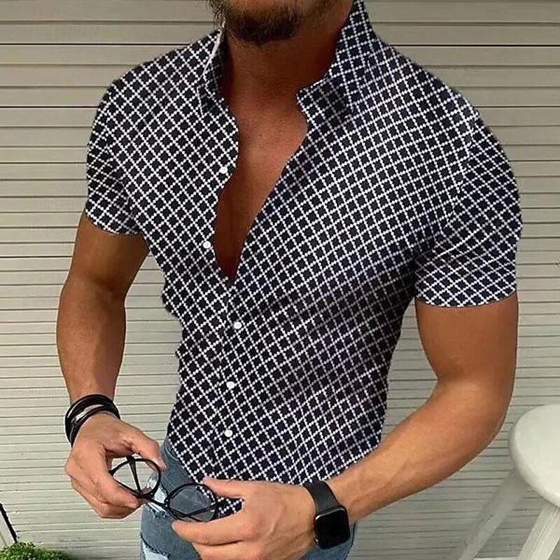 Men's Geometric Pattern Lattice Shirt Short Sleeve Designer Beach Casual Summer Turndown Print Black White Red Blue Green