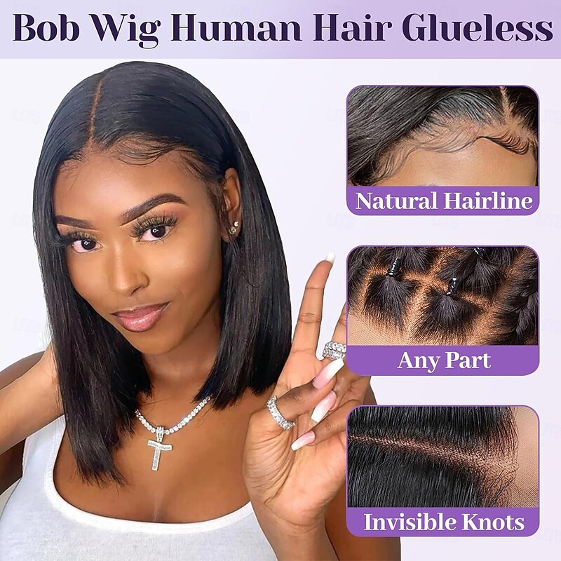 Put On and Go Glueless Wigs Bob Human Hair Pre Plucked Bob Wig Human Hair Glueless Wigs for Beginners Pre Cut Straight Short Bob Wig 4x4 HD Lace Closure Wigs for Black Women Natural Color3