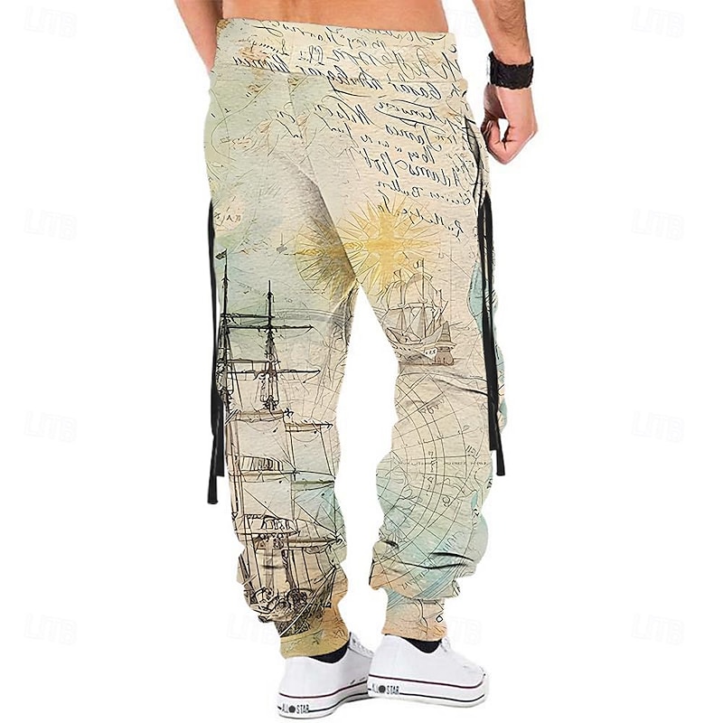 Men's Sailboat Sweatpants Joggers Pants Trousers Mid Waist Drawstring Elastic Waist Vintage Casual Outdoor Street Dailywear Pocket Spring Fall Winter 3D Print khaki2