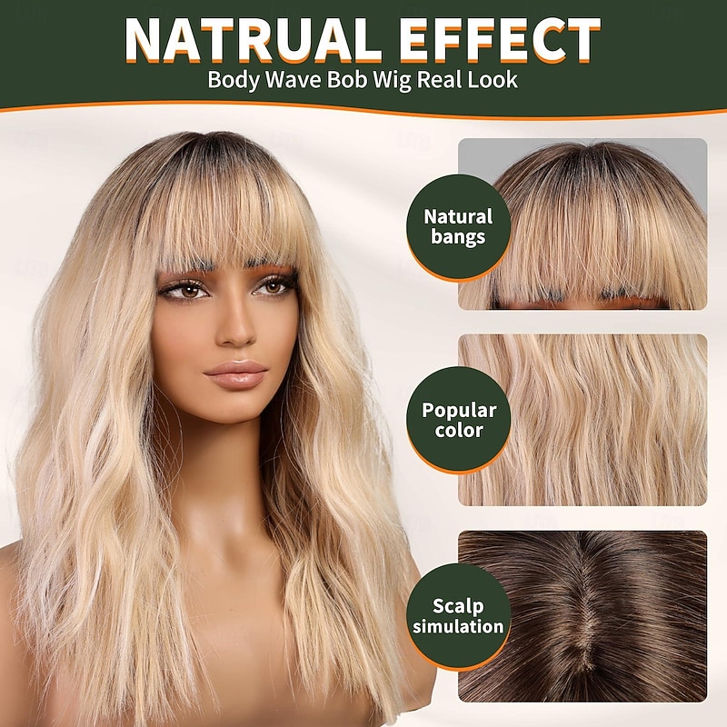 Ombre Blonde Wig with Bangs Blonde Highlight Wavy Wigs for Women Shoulder Length Curly Synthetic Hair Wig for Party Daily Use Halloween Wigs3