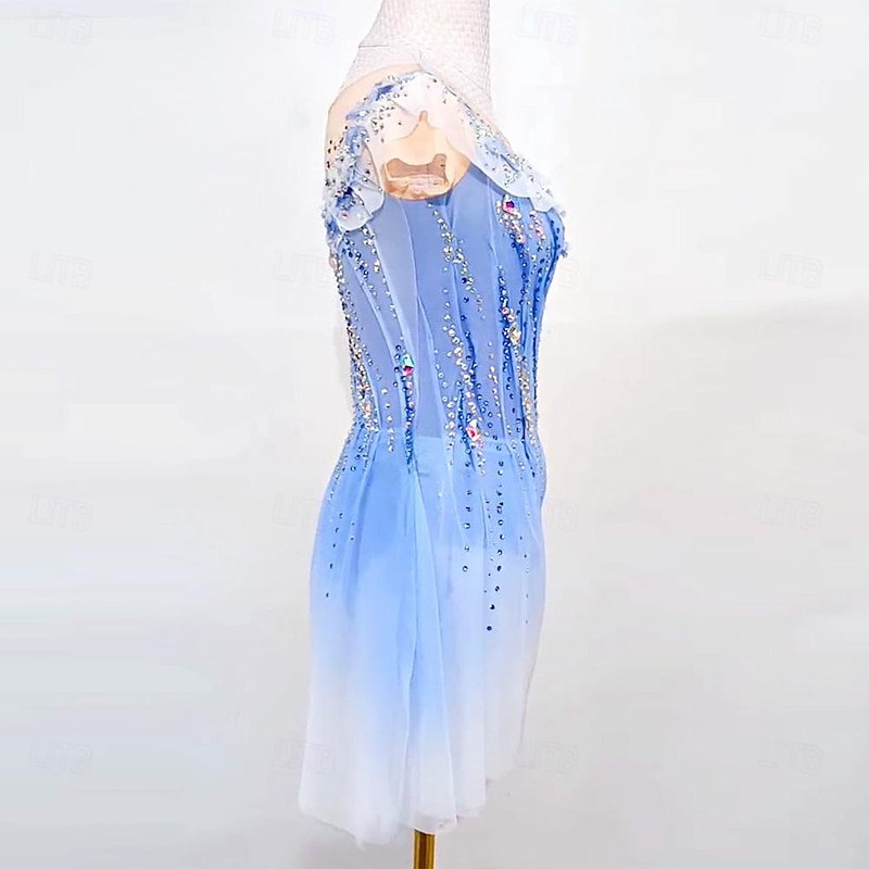 Figure Skating Dress Women's Girls' Ice Skating Dress Blue Patchwork Thumbhole Mesh High Elasticity Training Competition Skating Wear Classic Sleeveless Ice Skating Figure Skating4