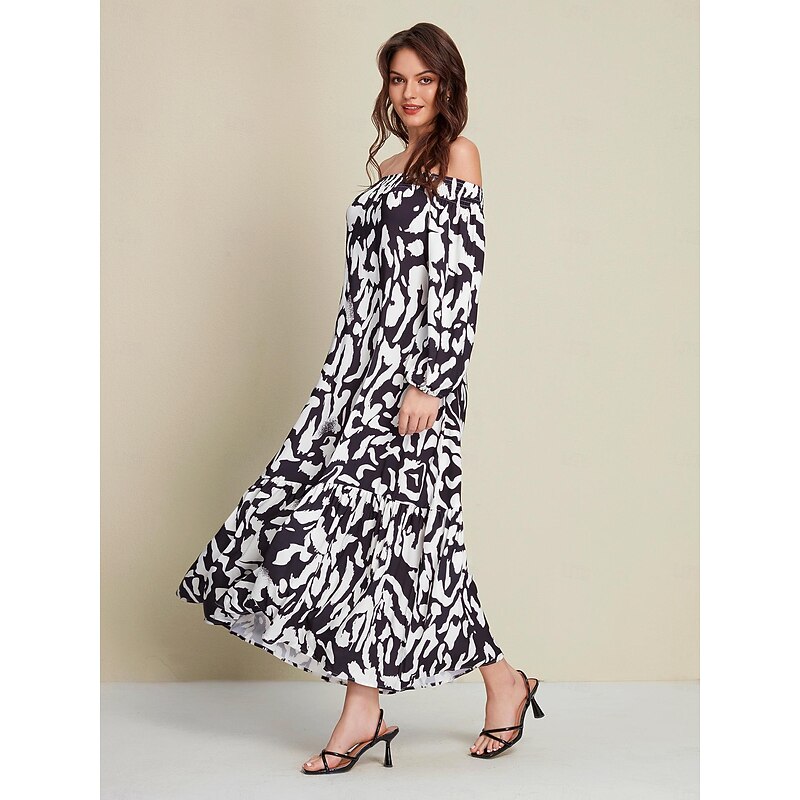 Satin Abstract Graffiti Print Off Shoulder Maxi Dress3