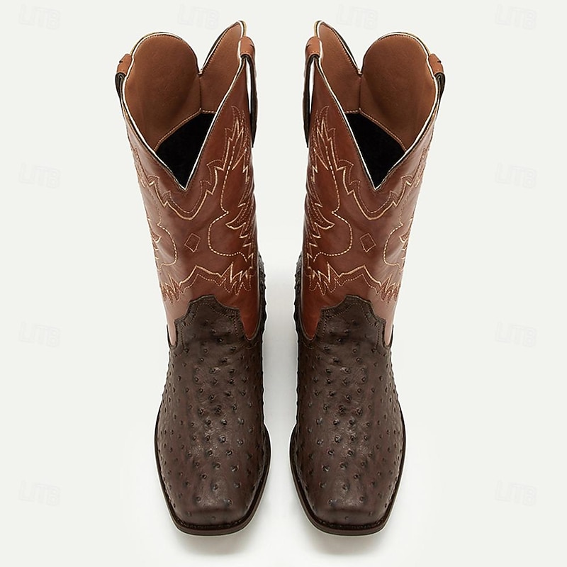 Men's Western Cowboy Boots with Orange Ostrich Leather and Dark Brown Embroidered Upper - Vintage Style for Rodeo and Casual Wear4
