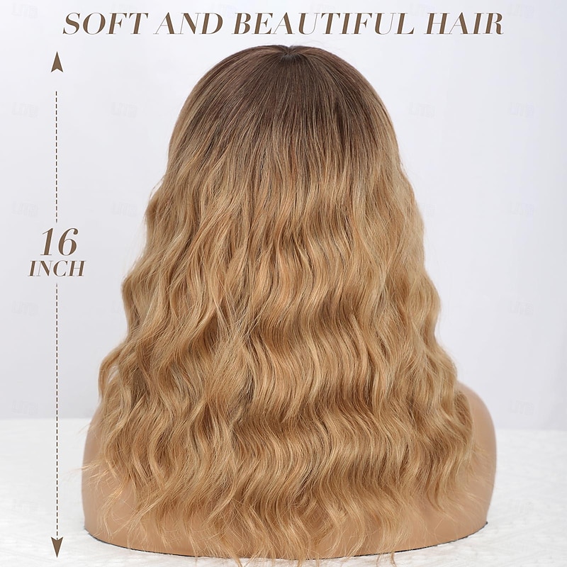 Ombre Brown Wig with Bangs for Women Shoulder Length Bob Wavy Charming Synthetic Wigs with Natural Curly Heat Resistant Hair Halloween Wigs3