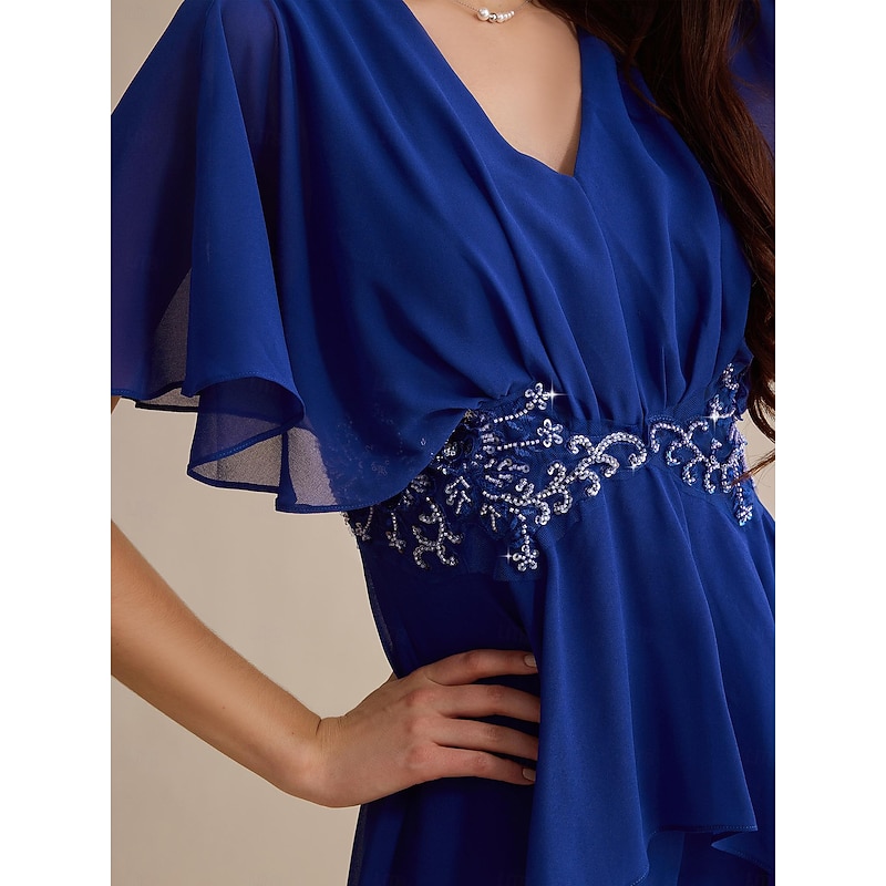 Royal Blue Chiffon Wedding Guest Sequin Embroidered Flare Cuff Sleeve V Neck Mother of the Bride Jumpsuit dress to impress 20244