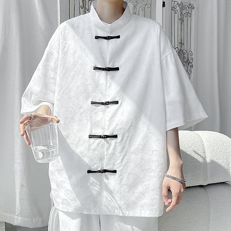 Men's Shirt Chinese Collar Shirt Mandarin Collar Shirt Summer Shirt Casual Shirt Beach Shirt Black White Short Sleeve Plain Mandarin Collar Vacation Holiday Embroidered Clothing Apparel Polyester 8