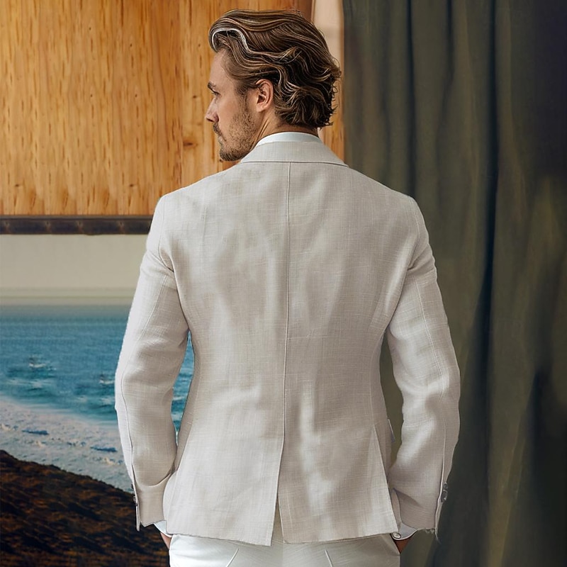 Men's 100% Linen Blazer Suits Outdoor Pocket Spring Blue Linen Jacket &  Fall 100% Linen Solid Color Button Pocket Single Breasted Blazer Blue Beige2