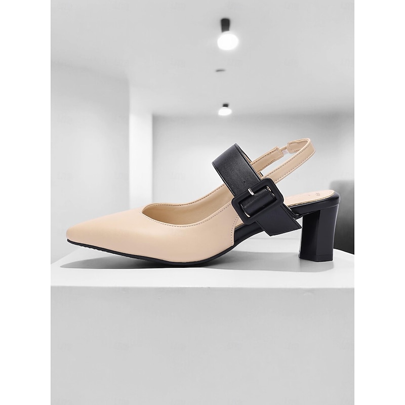 Women's Beige and Black Slingback Block Heel Pumps with Buckle – Elegant Pointed Toe Dress Shoes for Office and Formal Events2