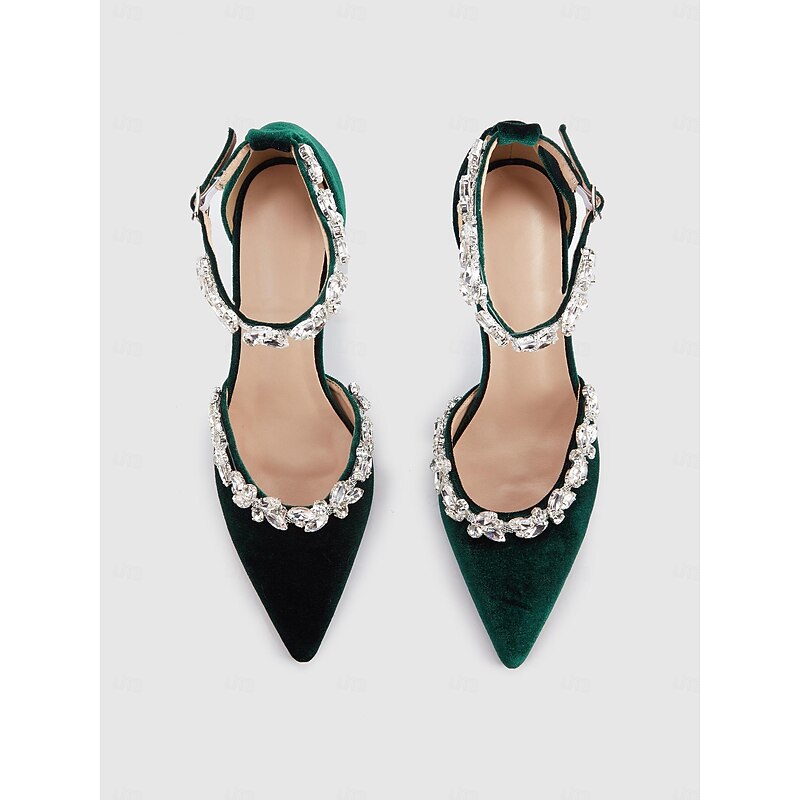 Women's Green Velvet Block Heel Pumps with Rhinestone Ankle Straps for Weddings and Formal Events4