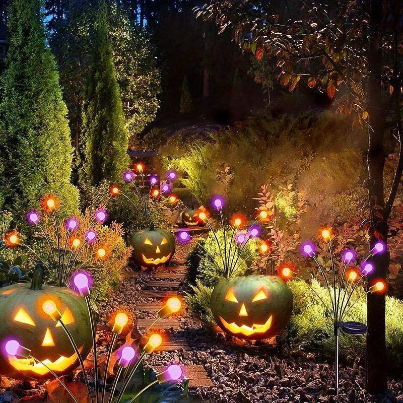 2pcs Solar Swaying Firefly Lights Purple Orange Light Outdoor Solar  Ground Pathway light with 8 Heads for Halloween Outdoor Courtyard Halloween Decorations2