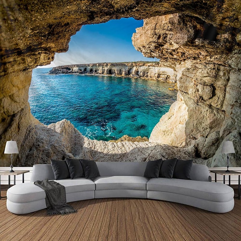 Large Wall Tapestry Art Deco Blanket Curtain Picnic Table Cloth Hanging Home Bedroom Living Room Dormitory Decoration Polyester Fiber Landscape Mountain Water Lake Sea Cave