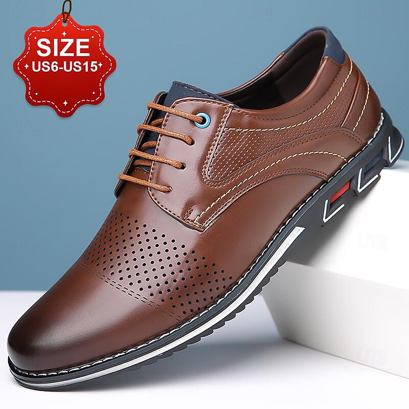Men's Brown Leather Oxford Dress Shoes with Breathable Perforations and Comfortable Sole for Business and Formal Events