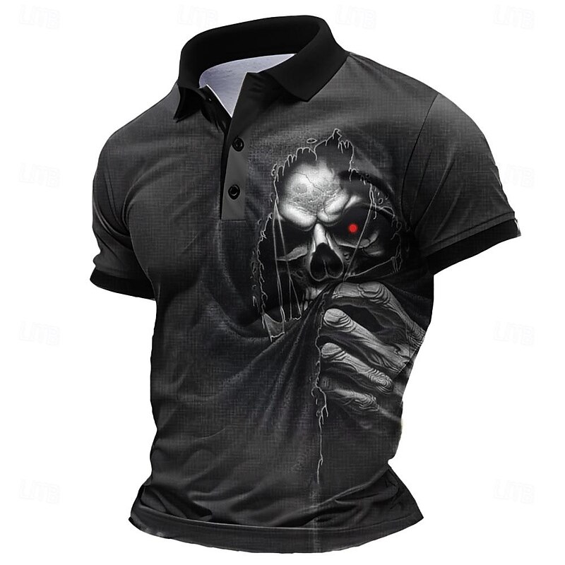 Day of the Dead Men's Skull Polo Shirts Golf Shirt Short Sleeve Polo Shirts Collared Shirts Horror Streetwear Festival Wear Party Outfits 3D Print Buttons Summer Spring Black4