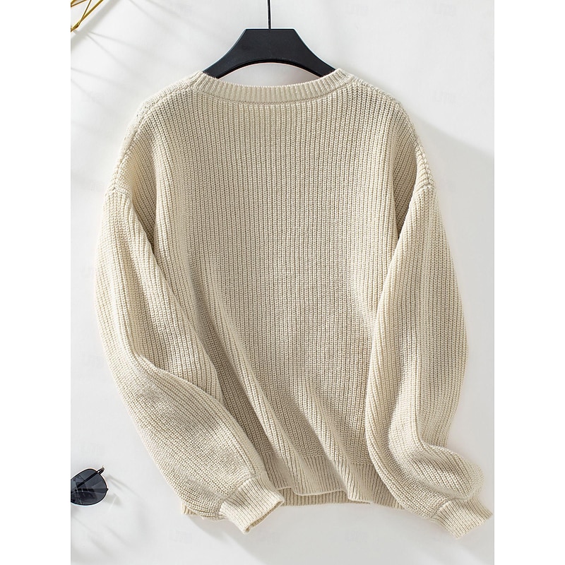 Women's Sweater Stylish Solid Color Ribbed Crew Neck Knitted Lantern Sleeve Long Sleeve Long Tops Knit Work Daily White Beige Fall Winter4