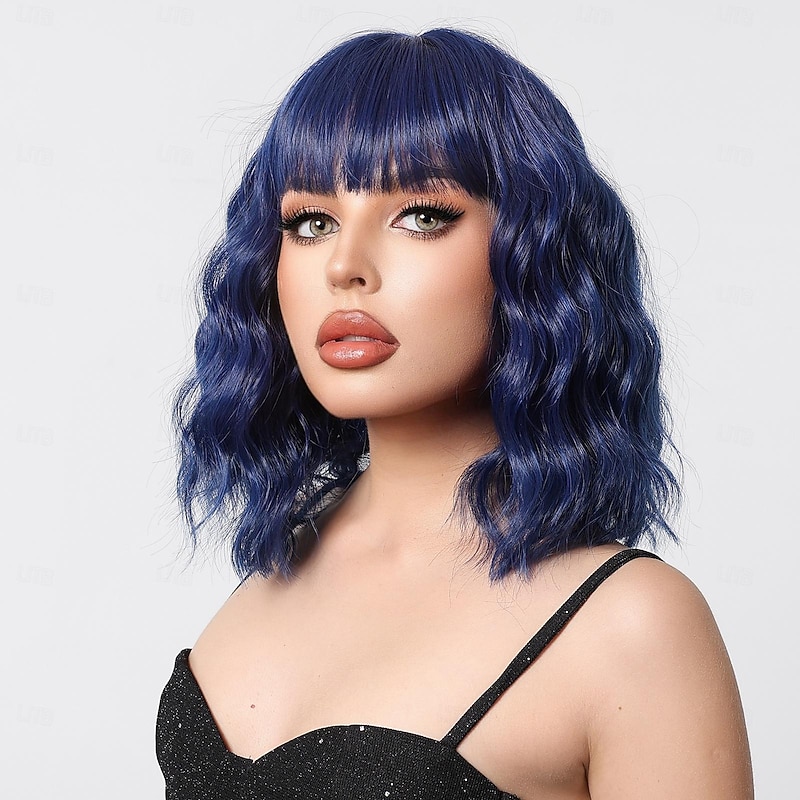 Synthetic Wig Uniforms Career Costumes Princess Curly Wavy Middle Part Layered Haircut Machine Made Wig 22 inch Royal Blue Synthetic Hair Women's Cosplay Party Fashion Blue Halloween Wigs3