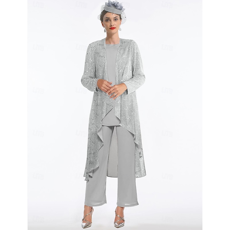 Beach Wedding Pantsuit 3 Piece Mother of the Bride  Wedding Guest Elegant Scoop Neck Floor Length Chiffon Lace Sleeveless Wrap Included with Sequin