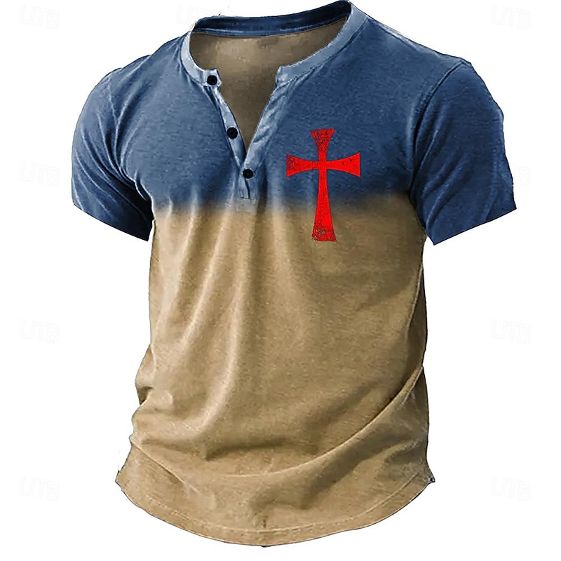 Men's Cross T shirt Henley Shirt Short Sleeve 3D Print Designer Retro Vintage Street Casual Daily Summer Spring Khaki Gray Henley Henley T-Shirt