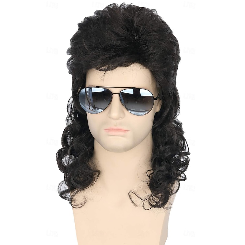 Men Wigs 80s Mullet Wig Black Curly Male Wig Carnival Costumes Punk Rocker Wig Long Halloween Wigs