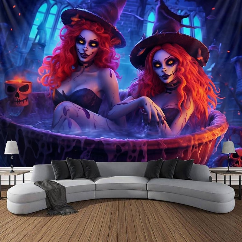 Halloween Decorations Pumpkin Blacklight Tapestry UV Reactive Glow in the Dark Trippy Misty Hanging Tapestry Wall Art Mural for Living Room Bedroom Poison Witch 9