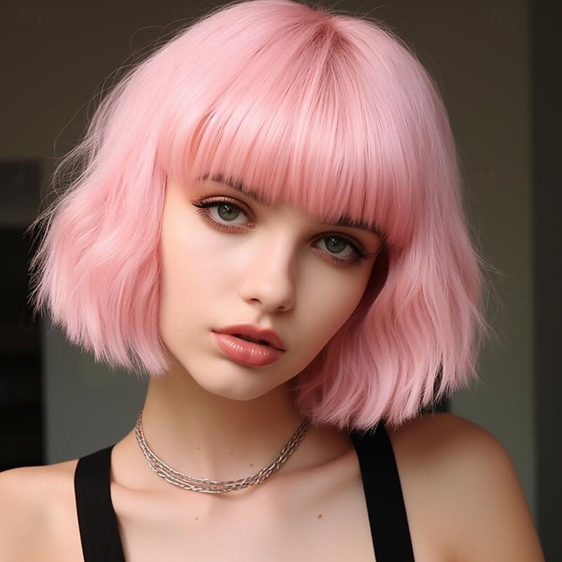 Wig for Women Pastel Loose Wavy Wig with Air Bangs Shoulder Length Bob Synthetic Cosplay Wig for Girl Colorful Costume Wigs4