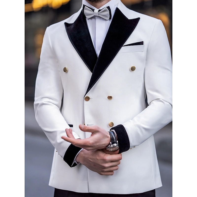 Men's Wedding Party Suits White Luxury Formal Solid Colored Tailored Fit 2 Piece Double Breasted Six-buttons4