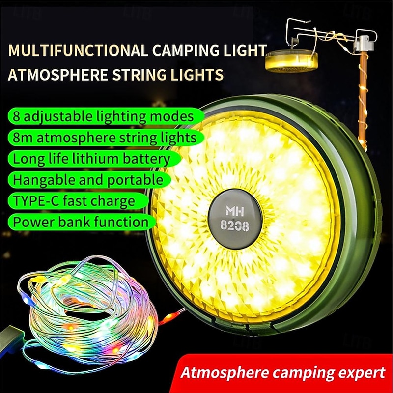 2-in-1 Camping Light LED Reel String Lights Outdoor Camping Lamp Recyclable LED Atmosphere Light for Garden Tent Room Decor