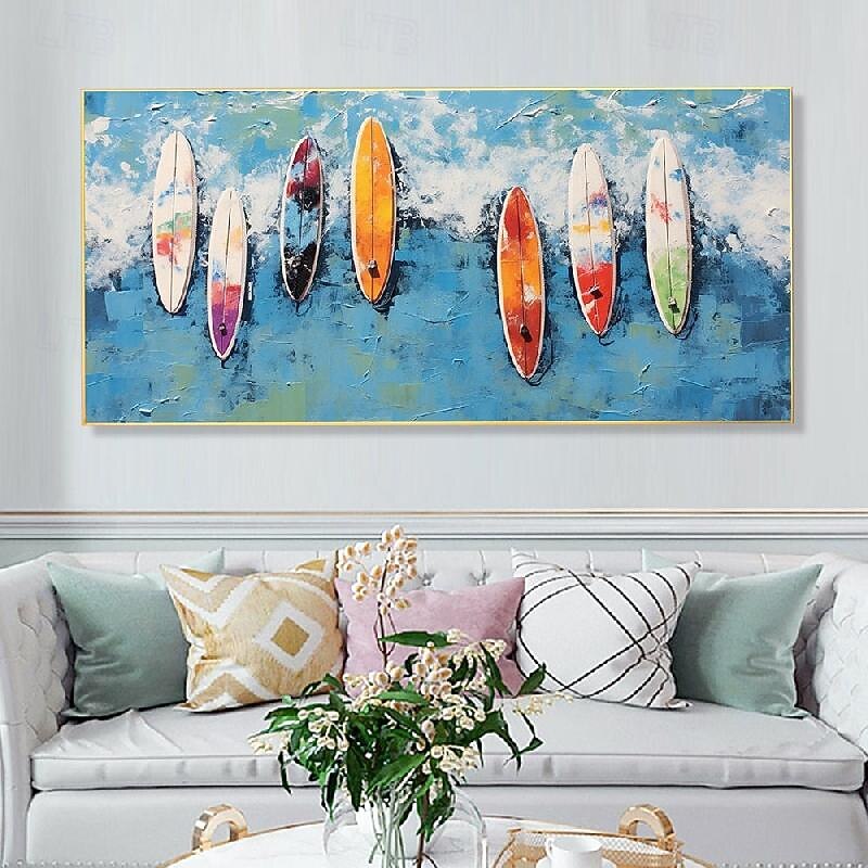 Hand Painted Custom Colored Surfboard oil painting handmade Summer Surfing Swimming Party painting Abstract Blue Ocean Seascape Canvas oil painting Wall Art painting for Home Decor Gift2