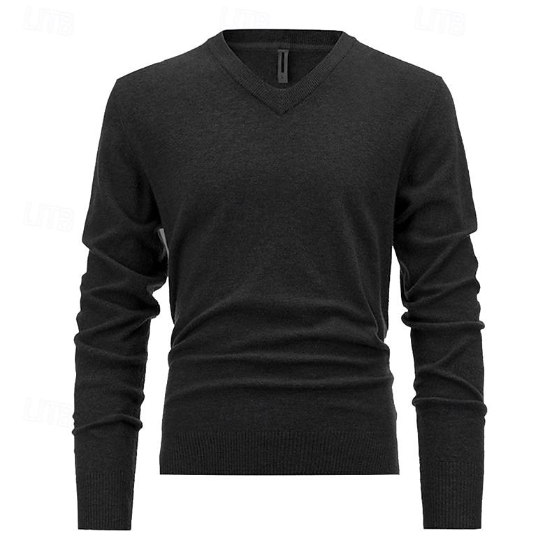 Men's Pullover Sweater Jumper Knit Sweater Ribbed Knit Regular Knitted Plain V Neck Fashion Basic Daily Wear Date Clothing Apparel Fall & Winter Black White S M L2