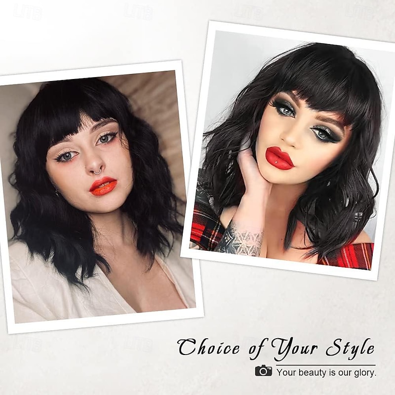 Bob Curly Wig Synthetic Short Black Wig with Bangs Natural Looking Heat Resistant Fiber Hair for Women4