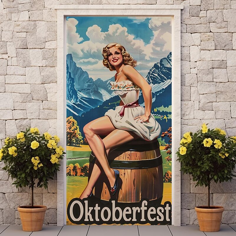 German Oktoberfest 2025 Vintage Woman Door Covers Door Tapestry Door Curtain Decoration Backdrop Door Banner for Front Door Farmhouse Holiday Party Decor Supplies2