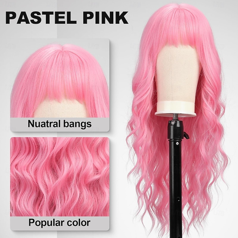 Long Pink Wavy Wigs for Women Wig with Bangs Natural Curly Synthetic Wig for Party Cosplay Daily Use4