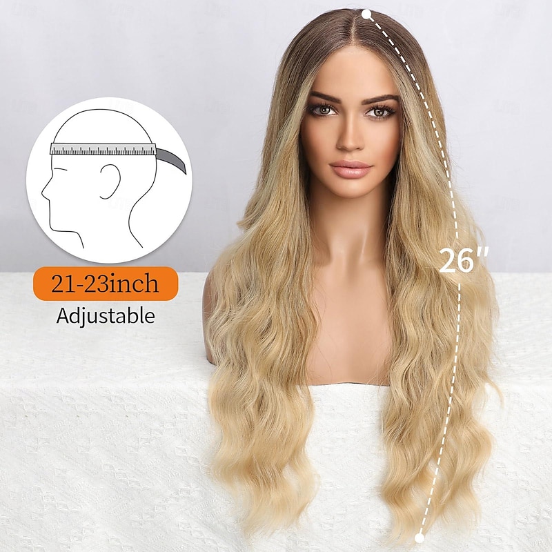 Long Blonde Wavy Wig for Women Middle Part Curly Wigs Natural Looking Ombre Blonde Synthetic Heat Resistant Fiber Women Wigs for Daily Party Use2