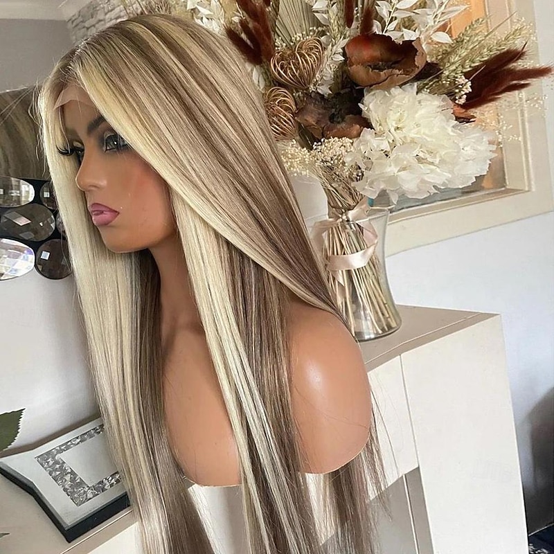 Remy Human Hair 13x4 Lace Front Wig Middle Part Brazilian Hair Silky Straight Multi-color Wig 130% 150% Density with Baby Hair Highlighted / Balayage Hair With Bleached Knots Pre-Plucked For Women4
