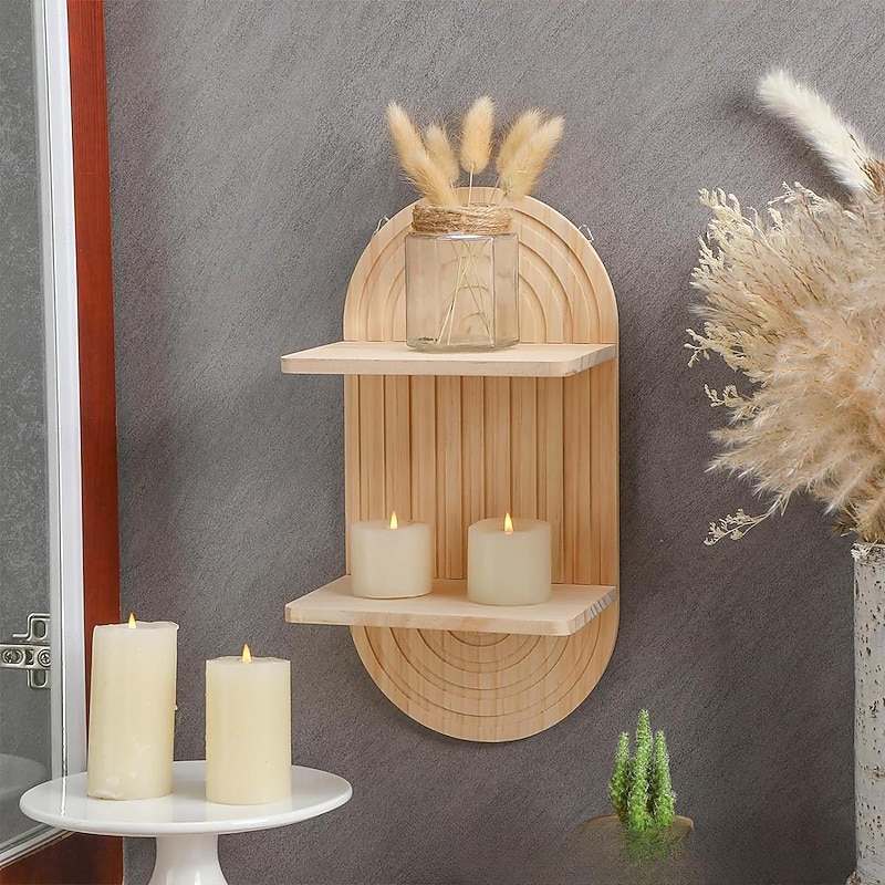 2 Tier Arch Wood Floating Shelf Mid Century Wall Shelves Modern Boho Wall Shelf Retro Wall Mounted Wood Arch Wall Decor for Bedroom  Classroom Bathroom Nursery Display