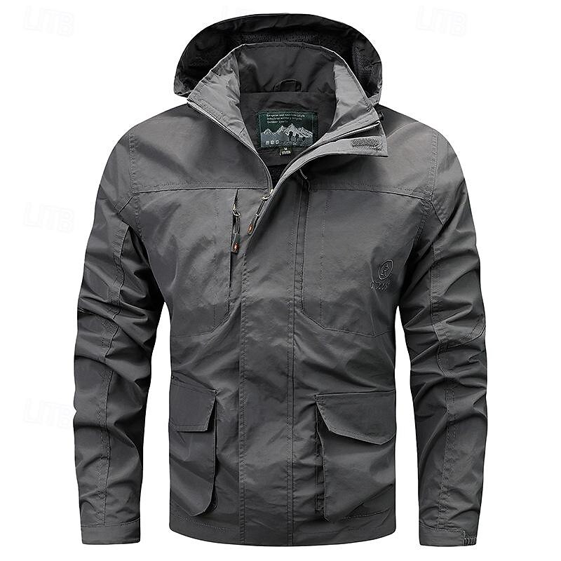 Men's Outdoor Jacket Transition Jacket Hiking Removable Multiple Pockets All Seasons Plain Casual Hooded Regular Black Khaki Dark Blue Gray Jacket 7