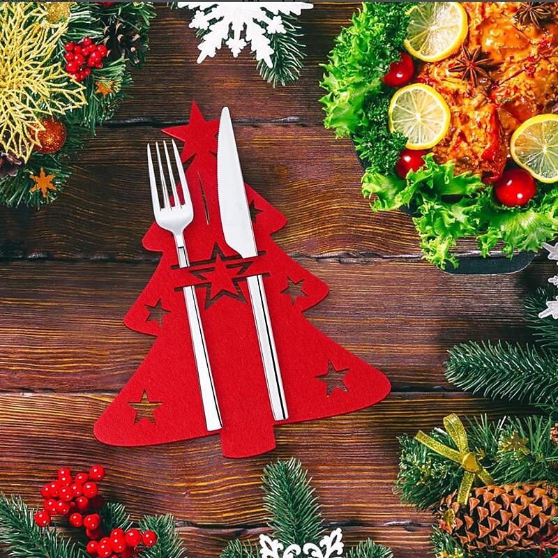 12pcs Christmas Knife Fork Holder Felt Xmas Tree Star Shape Pocket Cutlery Bag New Year Party Dinner Table Decoration Organizer2