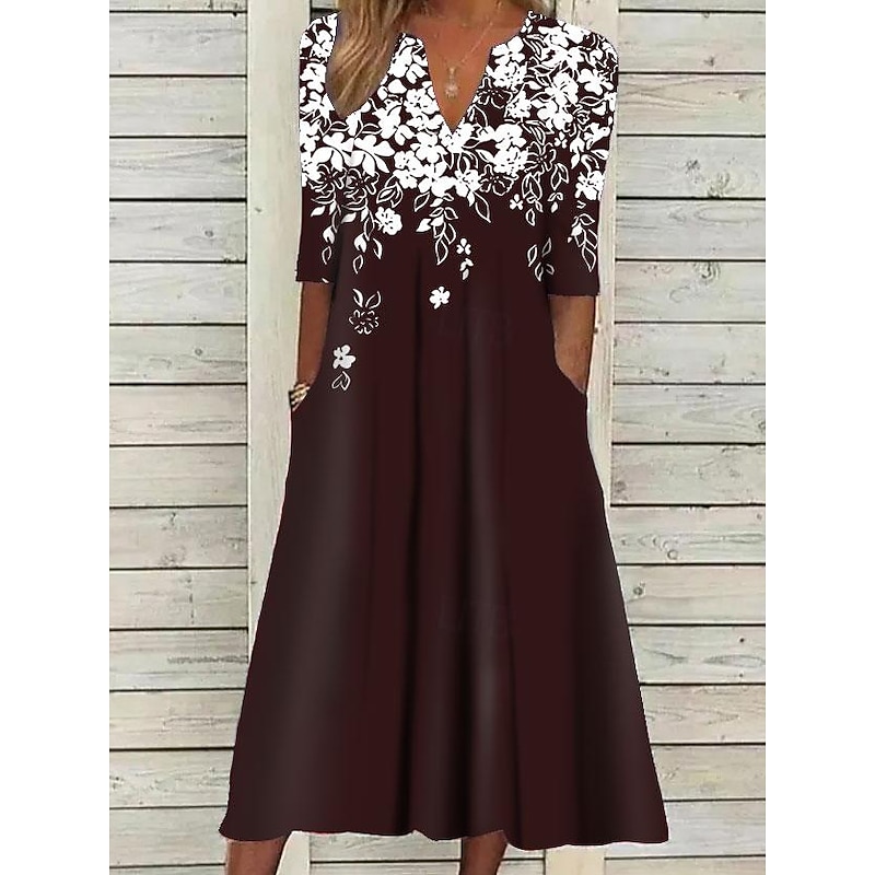 Women's Midi Dress Tunic Dress Floral Pocket V Neck Midi Dress Elegant Stylish Daily Half Sleeve Summer Spring2
