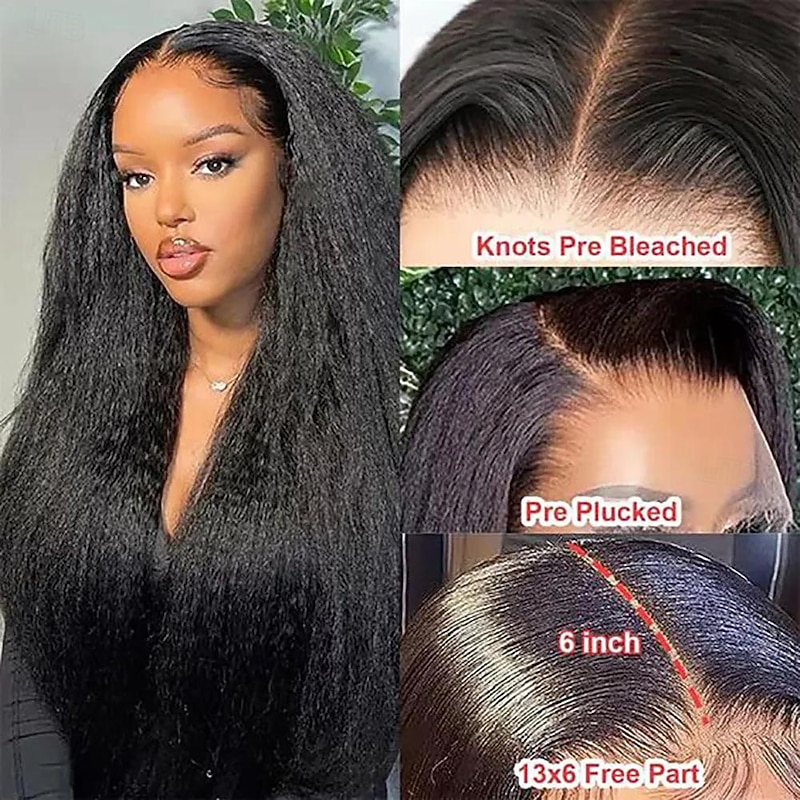 Remy Human Hair 13x4 Lace Front Wig Free Part Brazilian Hair kinky Straight Black Wig 150% Density with Baby Hair Glueless Pre-Plucked For wigs for black women Long Human Hair Lace Wig4