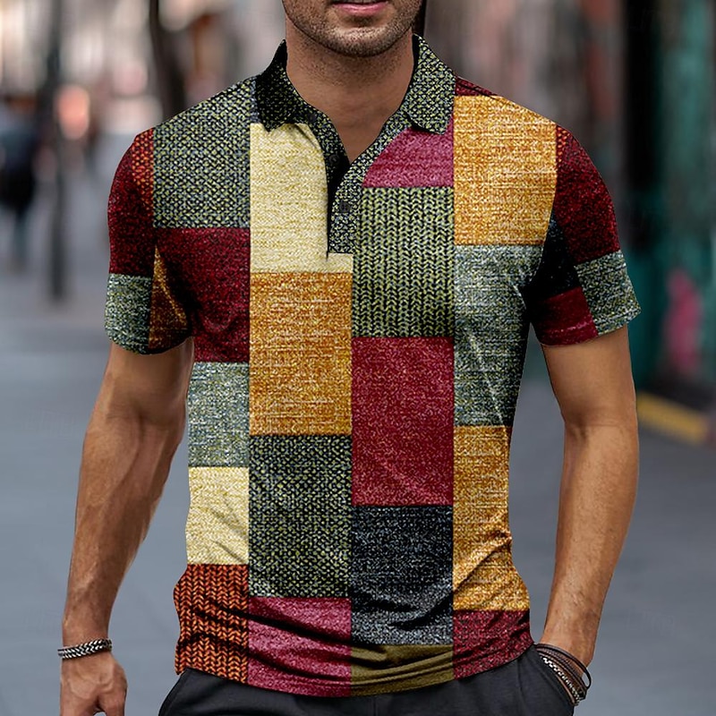 Men's Plaid Polo Shirts Golf Shirt Short Sleeve Polo Shirts Collared Shirts Vintage Vacation Wear Formal Wear Festival Wear Buttons 3D Print Spring & Summer Wine Red Blue