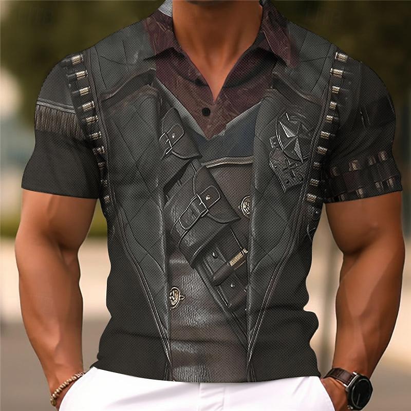 Men's Graphic Cosplay Golf Shirt Short Sleeve Polo Shirts Collared Shirts Vacation Wear Rave Wear Party Outfits Buttons 3D Print Summer Spring Black Gray2