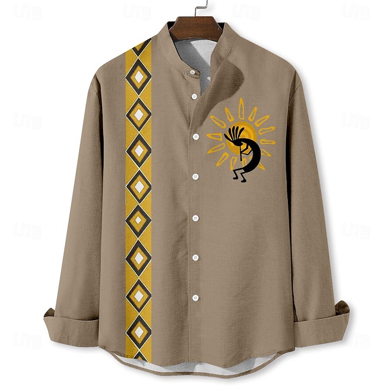 Men's Ethnic Kokopelli Shirt Button Up Shirt Long Sleeve Vintage Casual Tribal Vacation Daily Summer Spring &  Fall Standing Collar Button Up 3D Print Blue Green Khaki Beige2